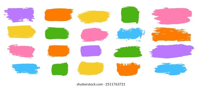 Vector hand drawn set of colorful brush strokes with a variety of colors including pink, purple, green, and yellow. All the grange elements are grouped and easy to use