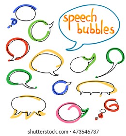 Vector hand drawn set of comic speech bubbles. Isolated. Black outlines. Collection of cartoon speech and thought communication bubbles in doodle style. Blank empty speech bubbles. Colorful.
