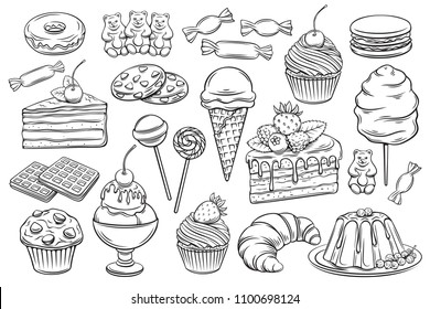 Vector hand drawn set confectionery and sweets icons. Dessert, lollipop, ice cream with candies, macaron and pudding. Donut and cotton candy, muffin, waffles, biscuits and jelly. Sketch illustration.