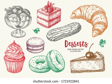 Vector hand drawn set confectionery and sweets icons. Sketch illustration.