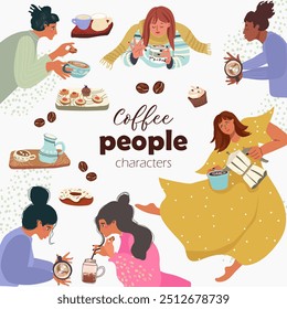 Vector hand drawn set conveying a coffee aesthetic, with elements and people. 