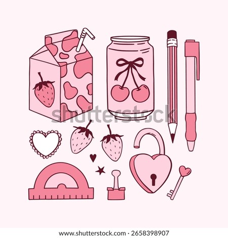 Vector hand drawn set of Coquette elements Back to School illustration. Trendy bows, cherry, pen, pencil, eraser, cherry soda, strawberry milk, protractor, school locker lock