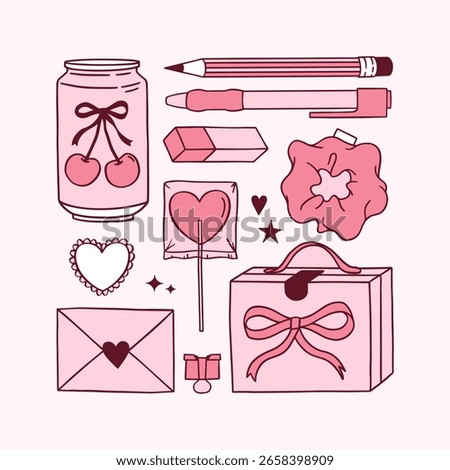 Vector hand drawn set of Coquette elements Back to School illustration. Vintage bows, cherry, pen, pencil, eraser, cherry soda, lunchbox, lollipop, scrunchie