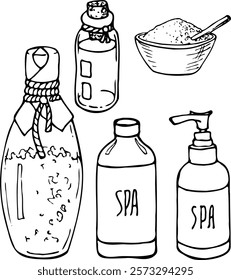 Vector hand drawn set of a cosmetic bottles and a bowl with salt isolated on a white background.