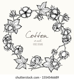 Vector hand drawn set of cotton branches.Cotton flower engraved style. Botanical art isolated on white background. Use for print, poster, decoration and other design.