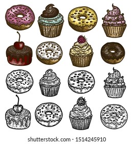 Vector hand drawn set of cupcakes and  donuts isolated on white background.