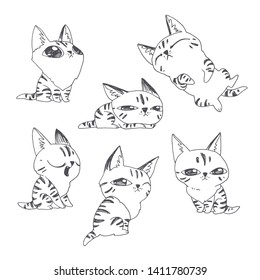 Vector hand drawn set of cute cats isolated on white. Illustration of funny character isolated on white. Cartoon animal sketch.