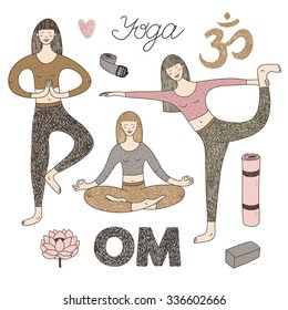 vector hand drawn set with cute girls doing yoga