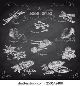 Vector hand drawn set with Dessert Spices. Vintage illustration. Retro collection with Vanilla, poppy, orange zest, lemon peel, cocoa, clove spice, anise and mint leafs. Chalkboard.