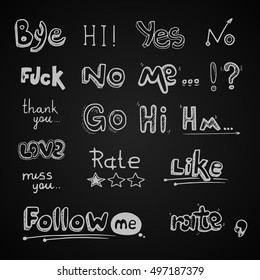 vector Hand drawn set of dialog words Hello, Follow, like, Yes, Me, No, Rate Go. Pictures isolate on dark background