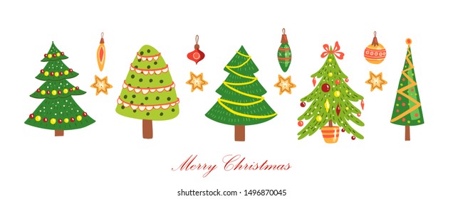 Vector hand drawn set with different Christmas trees. For season greetings, cards, tags, banners. Isolated on white.