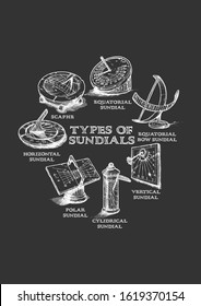 Vector hand drawn set of different sundial. Types of dial: equatorial, bow (spherical), vertical, cylindrical, polar, horizontal sundials and scaphe. Isolated on black background.  