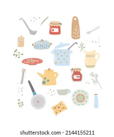 Conjunto de platos dibujados a mano por vectores. Potes de ilustración, sartenes, placas. Utensilios para cocinar. Utensilios de cocina.


