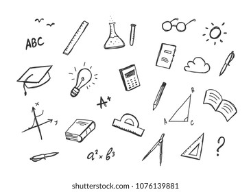 Vector hand drawn set of doddles supplies on white background
