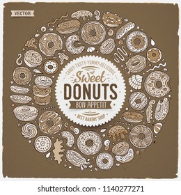 Vector hand drawn set of Donuts cartoon doodle objects, symbols and items. Round frame composition