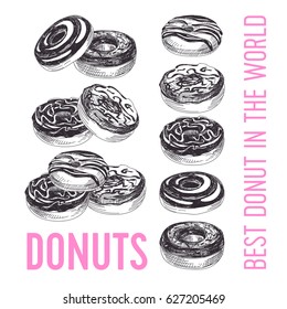 Vector hand drawn set of donuts Illustration. Sketch vintage style. Design template. Retro background. Donuts, Eclairs, macarons and shakes.