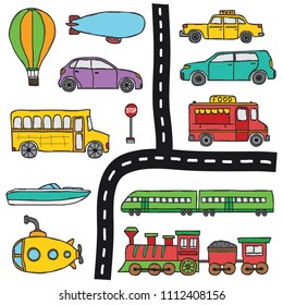 Vector hand drawn set with hand drawn doodle vechile objects.