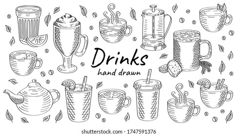 Vector hand drawn set doodle coffee, tea, juice and kvass drinks illustration isolated on white background.