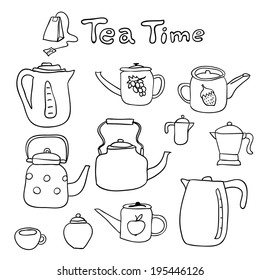 Vector hand drawn set of doodle teapots.