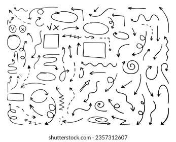 Conjunto de flechas de doodle dibujadas a mano por vectores. Colección abstracta a mano de iconos, marcos y flechas en estilo doodle. Elementos caóticos del doodle.