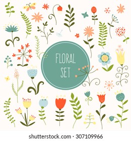 Vector hand drawn set of doodle flowers. Colorful summer floral elements
