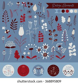 Vector hand drawn set of doodle flowers. Winter floral elements