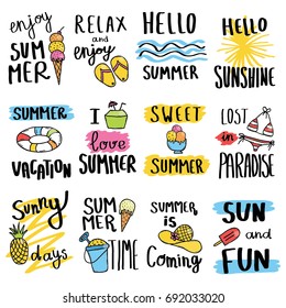 Vector hand drawn set with doodle summer  signs and banners.