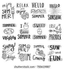 Vector hand drawn set with doodle summer  signs and banners.