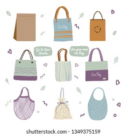Vector hand drawn set of Eco bags. Zero waste. 
