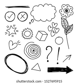 Vector hand drawn set elements. Bubble, star, arrow, heart, love, flower, swirl, exclamation and question mark, check mark and cross for concept design.