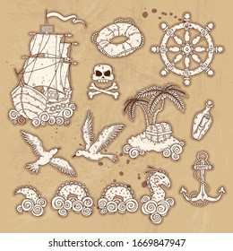 Vector hand drawn set of elements for a vintage world map. Old traveler map collection. Each object can be changed and moved for your design.