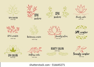 Vector hand drawn set elements for labels, logos and badges for health care,florist, photography, wedding,flower shop, cosmetics, spa and wellness, beauty salon