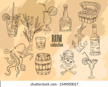 Vector hand drawn “Rum” set in engraving vintage style with octopus, chest with gold, cocktails, cask, sugar cane, anchor, skull with crossed bones. Elegant illustration for logos, labels, menus, bars