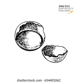 Vector hand drawn set of farm products. Isolated hen scrambled egg. Engraved art. Organic sketched farming meal. Use for restaurant, breakfast menu, grocery, market, store, party