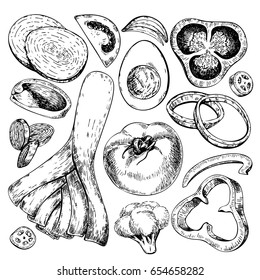 Vector hand drawn set of farm vegetables. Isolated hen egg, broccoli, leek, bell pepper, tomato, onion. Engraved art. Organic sketched objects. restaurant, menu, grocery market store party meal