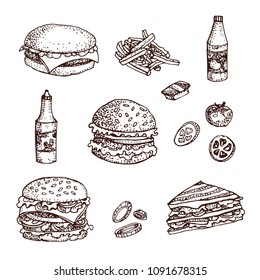 Vector hand drawn set of fast food.  Isolated on white. Hamburger, cheeseburger, french fries, botle of sause, tomato and onions.  For a restaurant, a menu, a street kitchen, a bakery, a cafe, a flyer