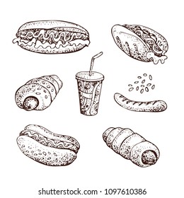 Vector hand drawn set of fast food. Hot dog, sausage in dough, grill, soda. Isolated on white.  For a restaurant, a menu, a street kitchen, a bakery, a cafe, a flyer