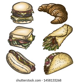 Vector hand drawn set of fast food, hamburger, hot dog, burger, croissant, gyros and taco isolated on white.