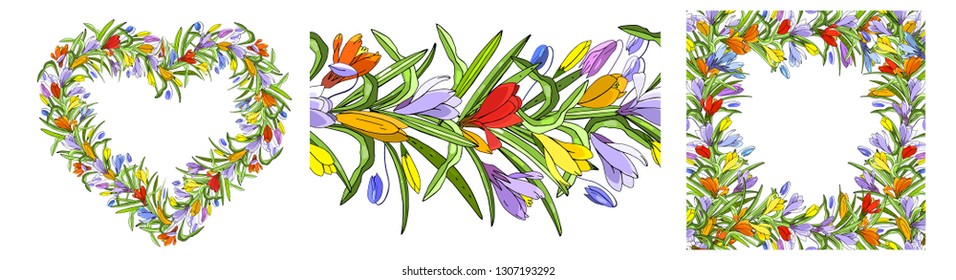 Vector hand drawn set of floral templates. Endless horizontal pattern brush. For romantic and easter design, announcements, greeting cards, posters, advertisements.