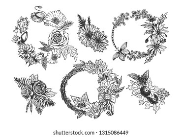 Vector hand drawn set of floral decorations. Buttonholes, flower crowns and wreaths. Isolated on white background