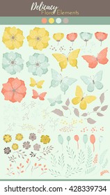 Vector hand drawn set of floral elements. Colorful spring, summer illustrations of flowers, herbs, leaves, butterflies, berries