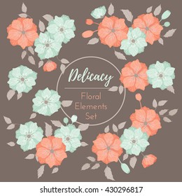 Vector hand drawn set of floral elements. Colorful spring, summer illustrations of flowers, herbs, leaves