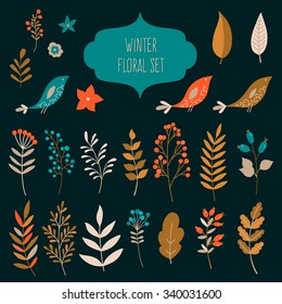 Vector hand drawn set of flowers, leaves, birds, berries. Tender winter floral design elements
