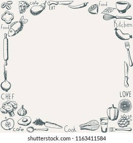 Vector hand drawn set of food and kitchen tools. Round frame for your design