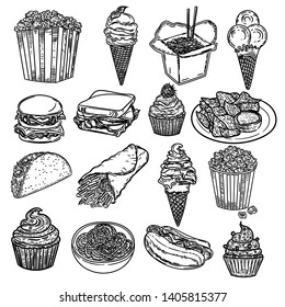 Vector hand drawn set of food.Popcorn, ice cream, wok, noodles, burger, hamburger, cupcakes, chips, tacos, pita and hotdog.