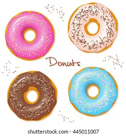 vector hand drawn set of four sweet donuts - top view.