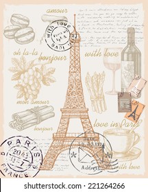 vector hand drawn set of france on paint background