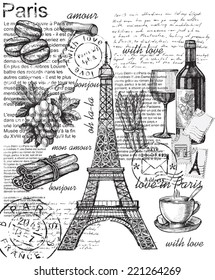 vector hand drawn set of france on paint background