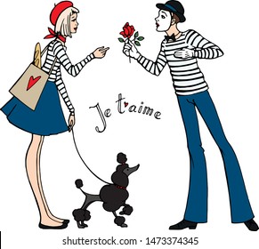 Vector Hand Drawn Set In French Style. Girl , Young Men , Dog , Love In Paris.