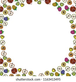 Vector hand drawn set of fruits and berries. Round frame for your design